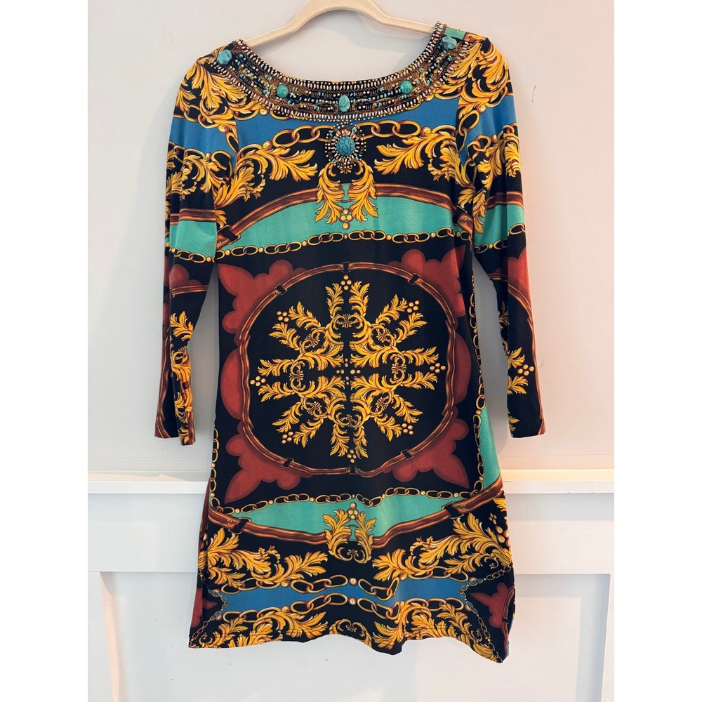 Joyous & Free Women Baroque Scarf Print Beaded Mini Dress Small Long Sleeve